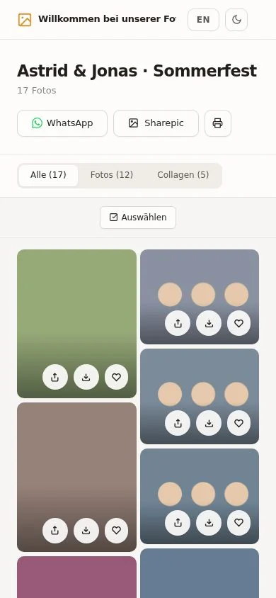 Die Galerie auf einem Handy mit Fotoraster und Schaltflächen zum Teilen und Speichern.