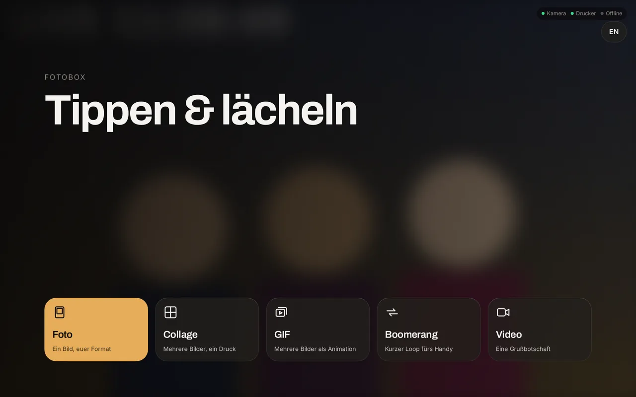 Der Startbildschirm an der Box: Foto, Collage, GIF, Boomerang, Video.